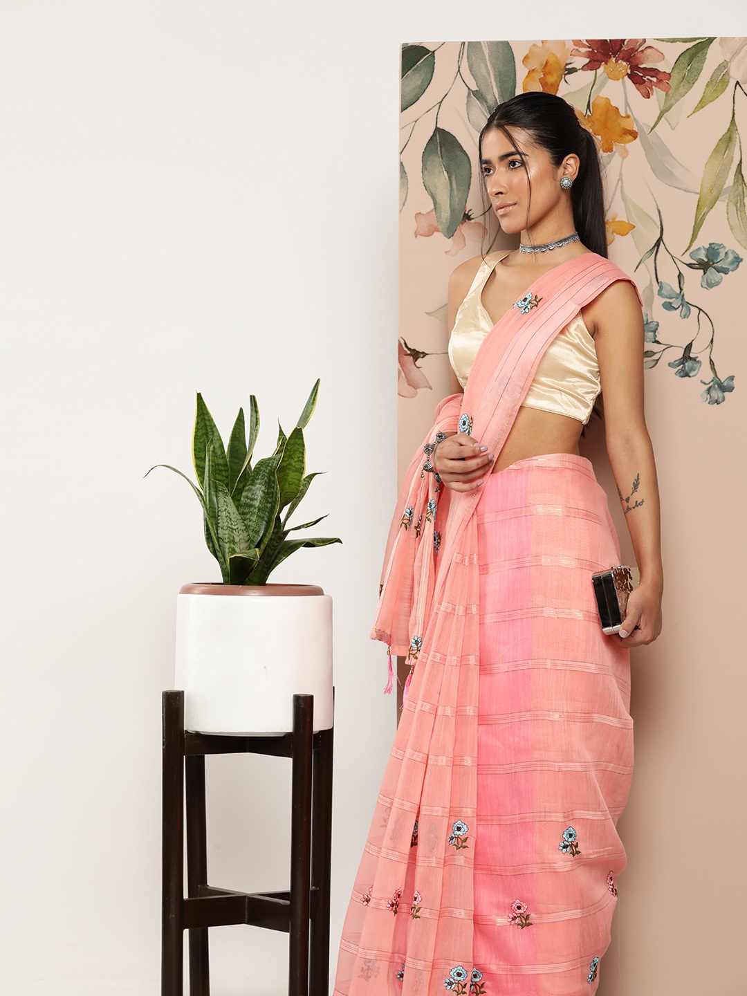 

SAARYA Peach-Coloured Floral Embroidered Pure Cotton Saree