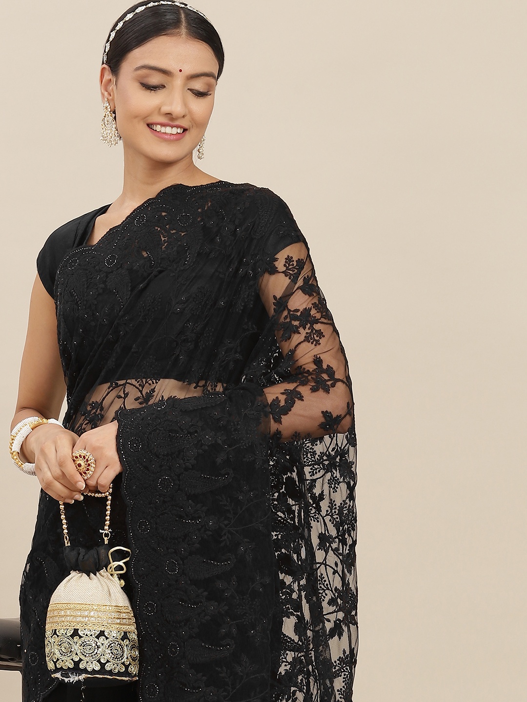 

SAARYA Black Ethnic Motifs Embroidered Net Saree