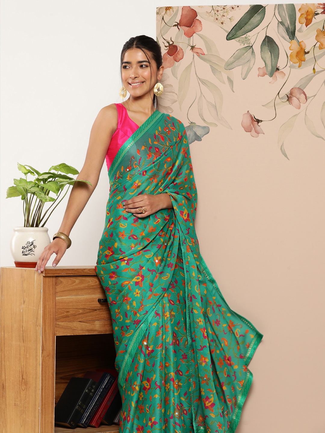 

SAARYA Teal Floral Mirror Work Pure Chiffon Saree