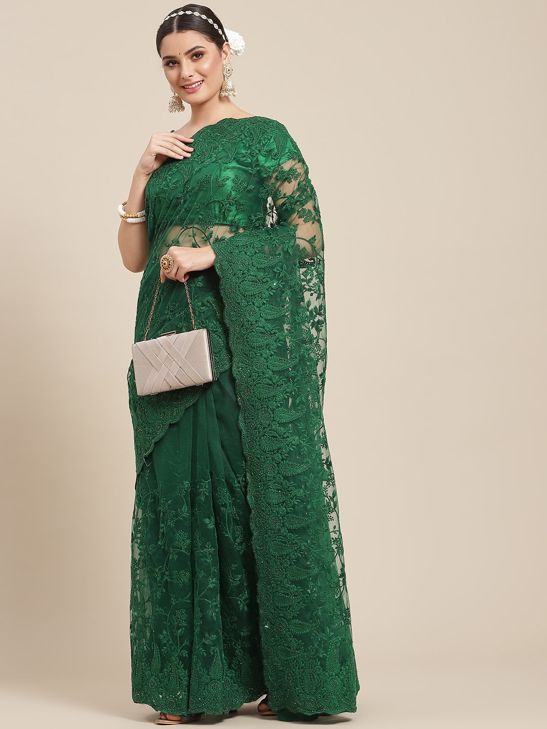 

SAARYA Green Floral Embroidered Stones Net Saree