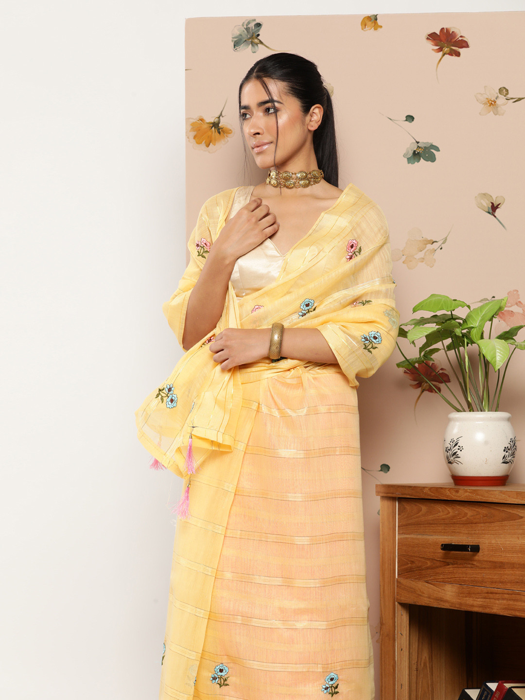 

SAARYA Yellow & Blue Floral Pure Cotton Saree