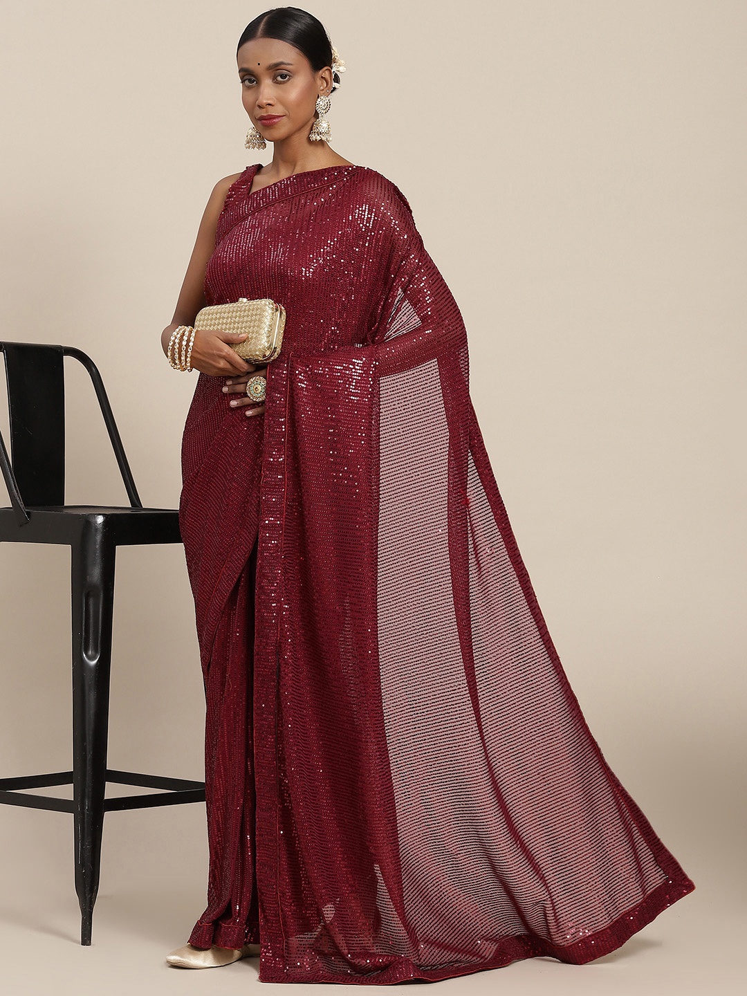 

SAARYA Red Embellished Sequinned Net Saree