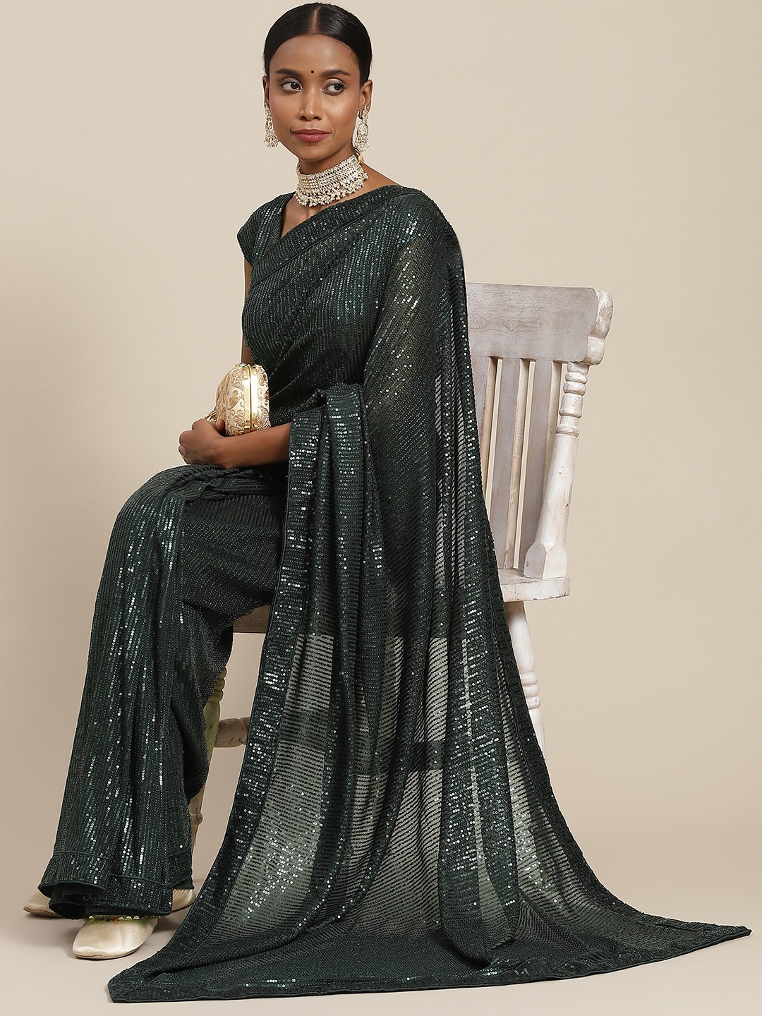 

SAARYA Green Embellished Sequinned Net Saree