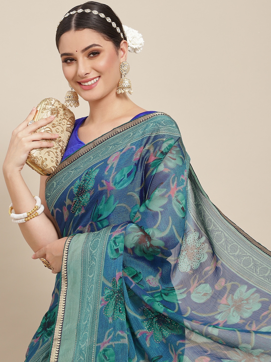 

SAARYA Blue & Sea Green Floral Sequinned Pure Chiffon Saree