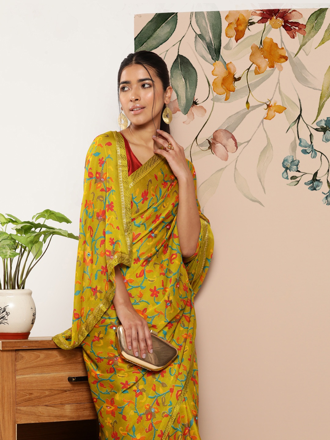 

SAARYA Olive Green & Pink Floral Mirror Work Pure Chiffon Saree