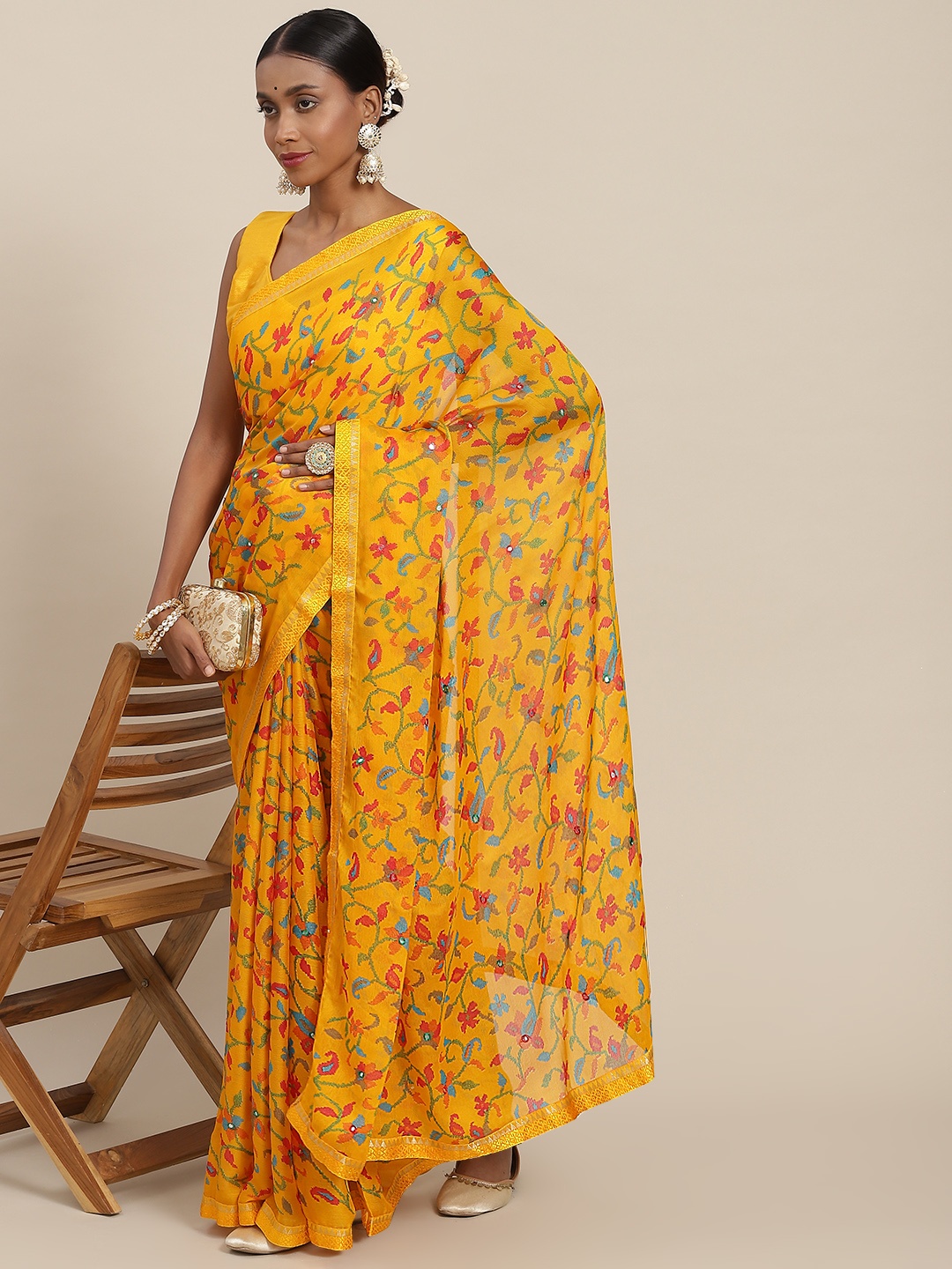 

SAARYA Floral Mirror Work Pure Chiffon Saree, Yellow