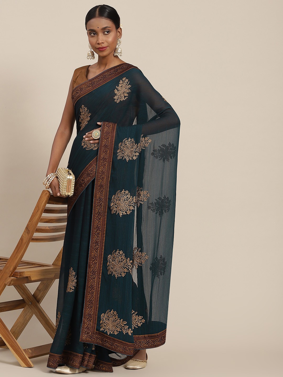 

SAARYA Teal Ethnic Motifs Sequinned Pure Chiffon Saree