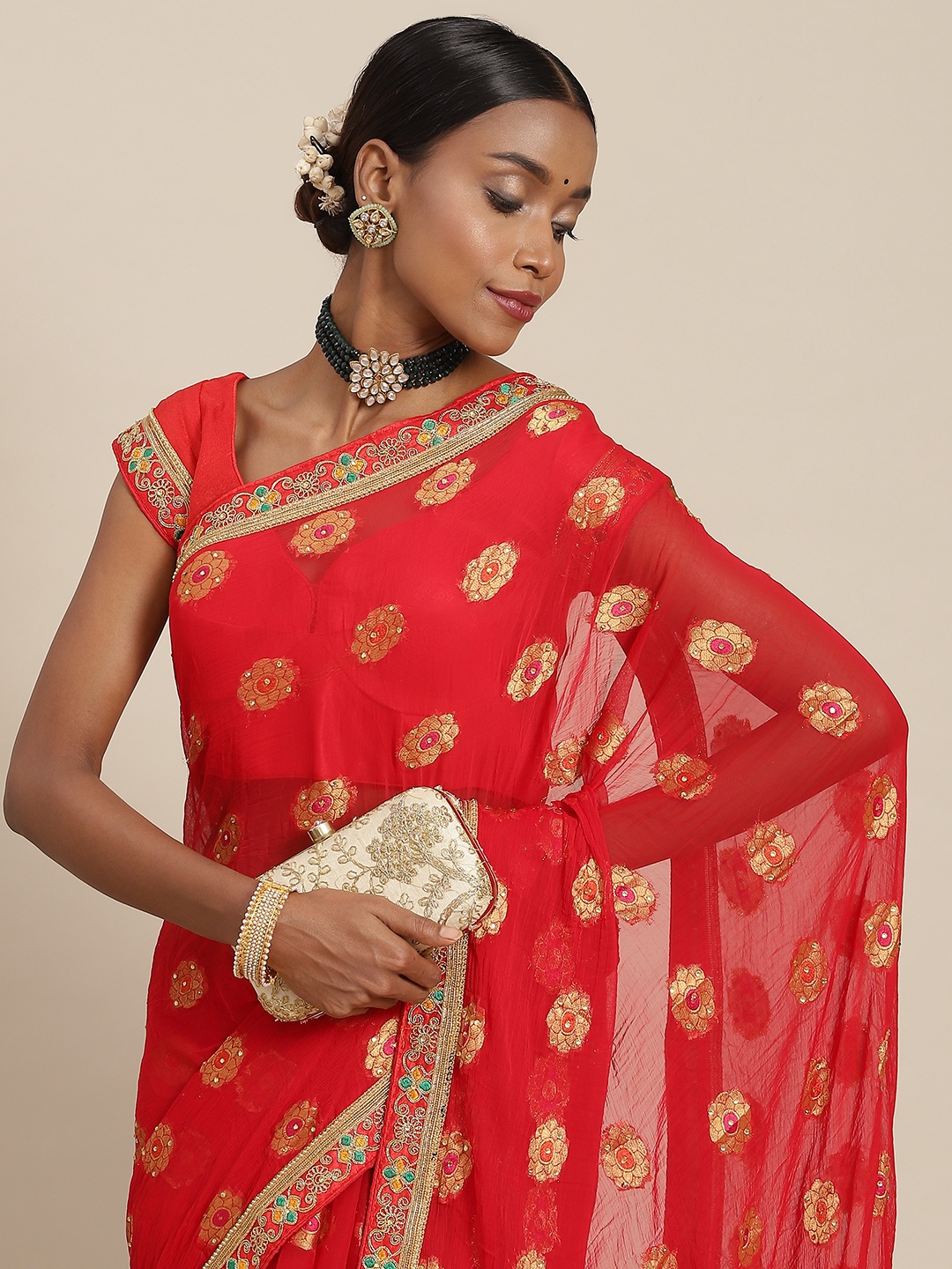 

SAARYA Red Ethnic Motifs Sequinned Pure Chiffon Saree