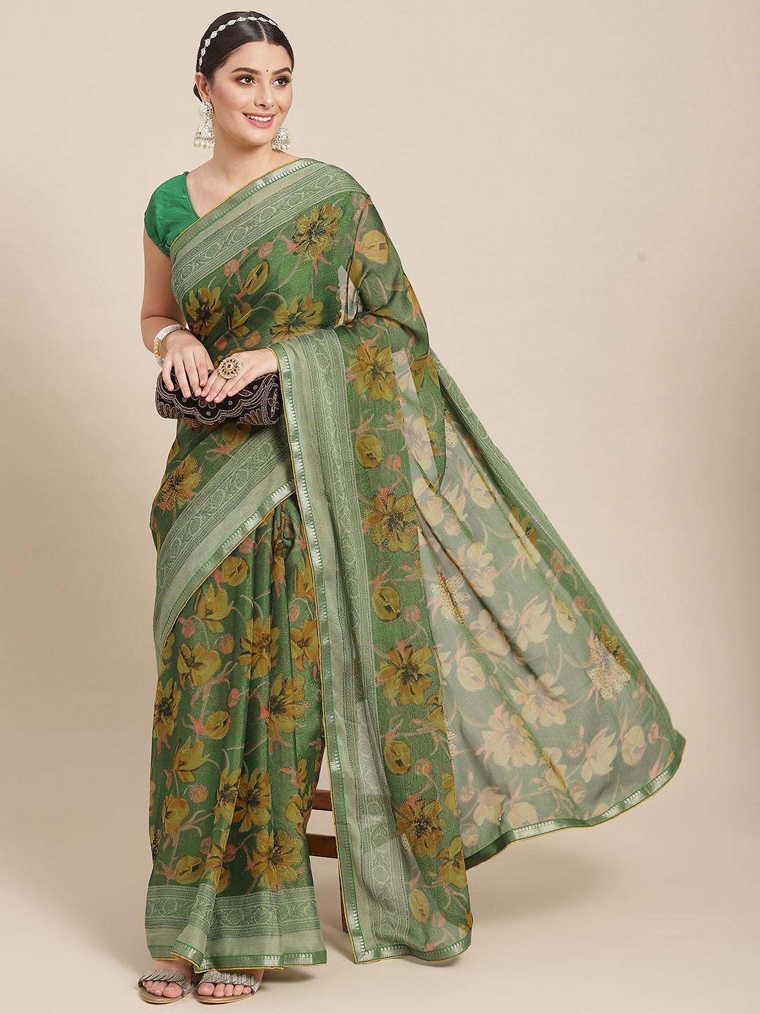 

SAARYA Green & Mustard Yellow Floral Printed Mukaish Saree