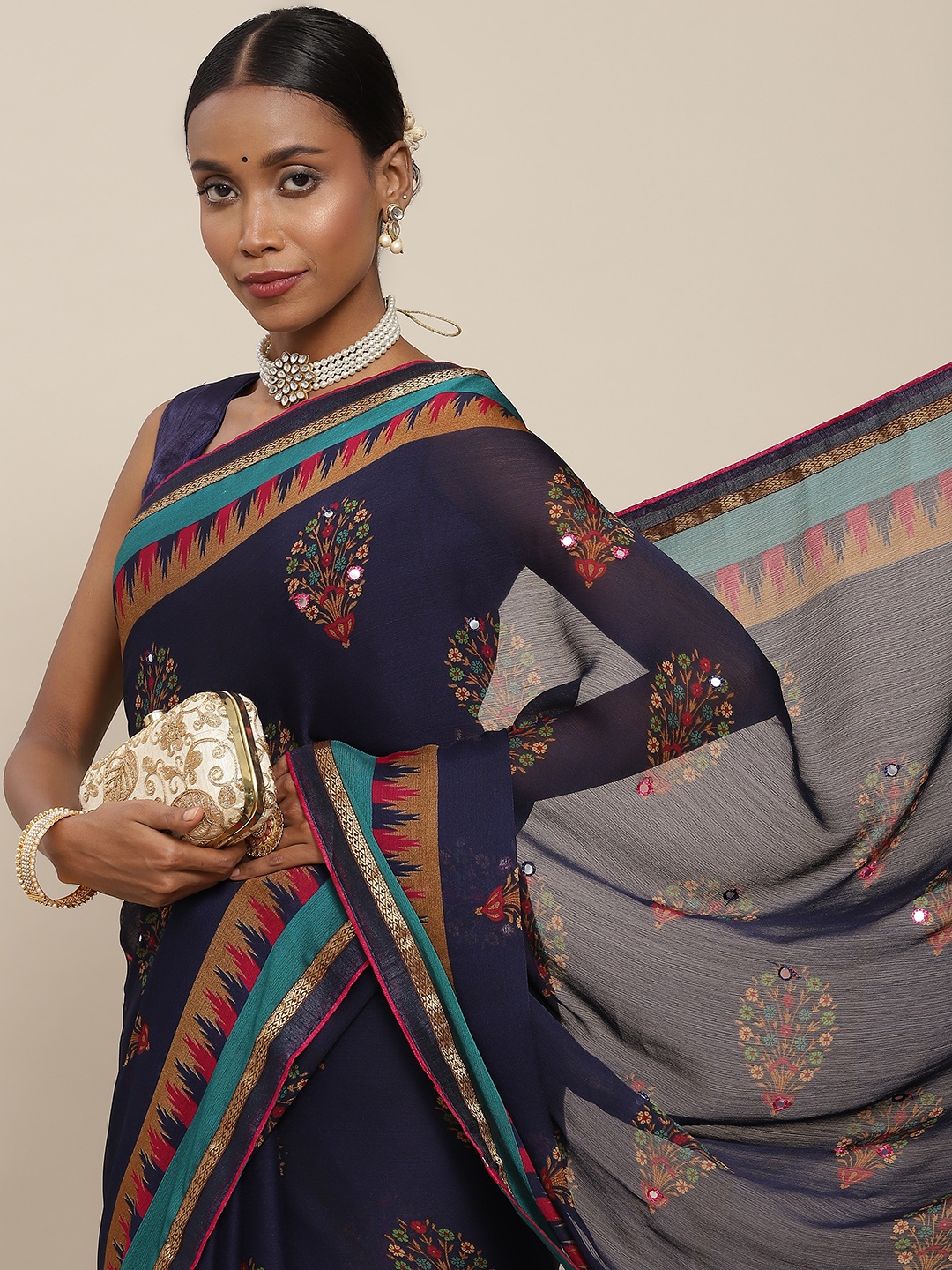 

SAARYA Ethnic Motifs Mirror Work Saree, Navy blue