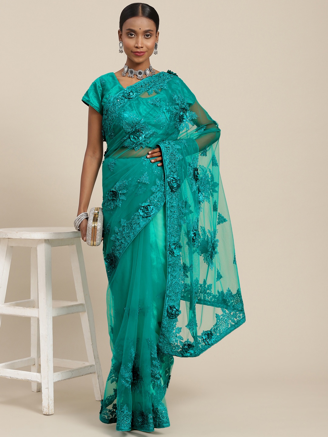 

SAARYA Green Floral Embroidered Net Saree