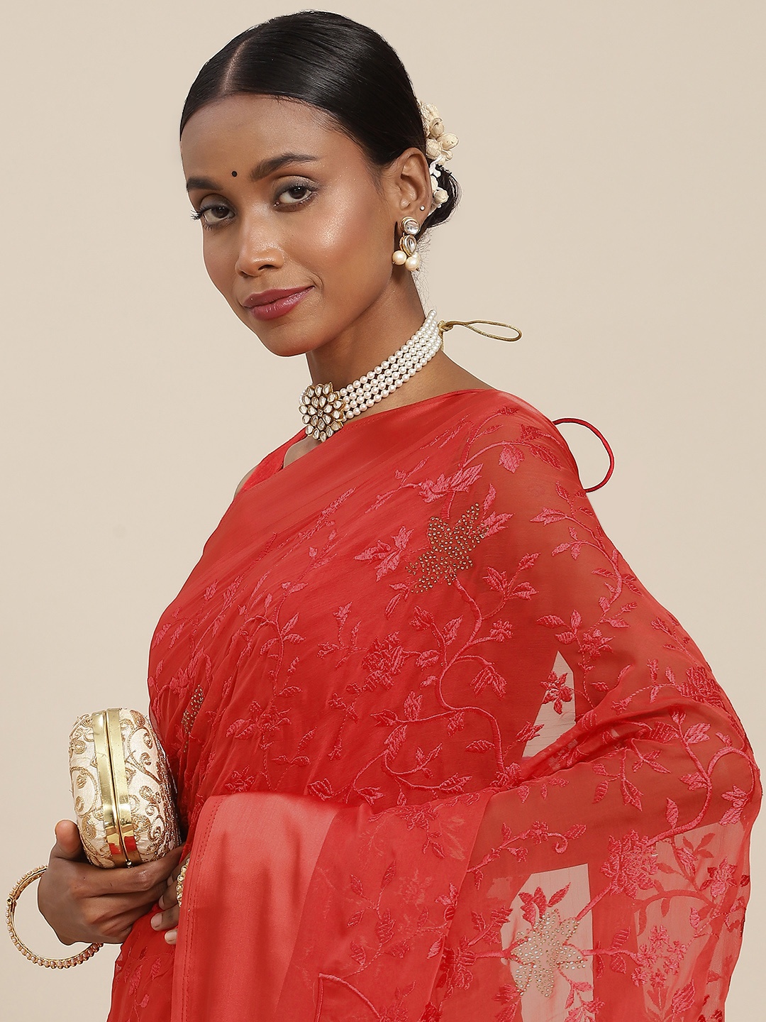 

SAARYA Red Floral Sequinned Pure Chiffon Saree