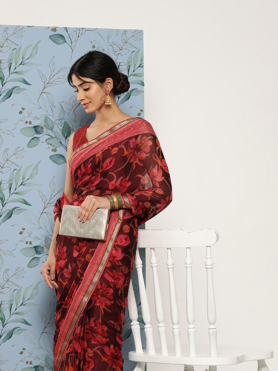 

SAARYA Maroon Floral Net Saree