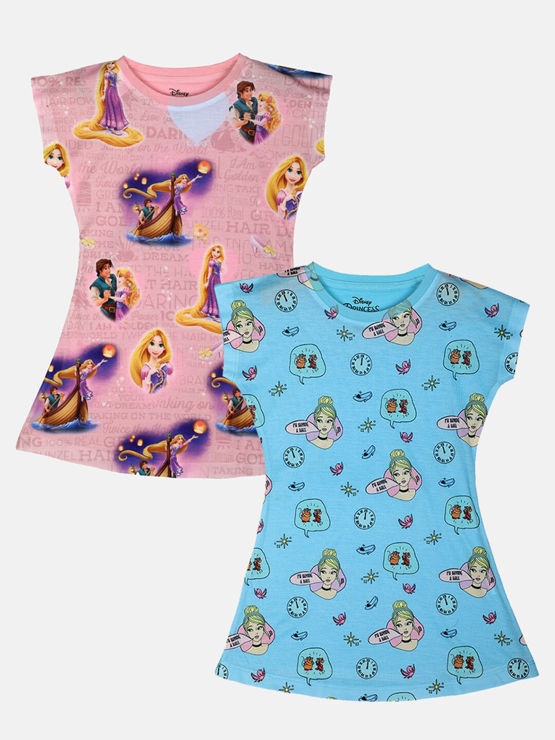 

YK Disney Girls Pack of 2 Disney Princess Rapunzel & Cinderella Printed A-Line Dress, Blue