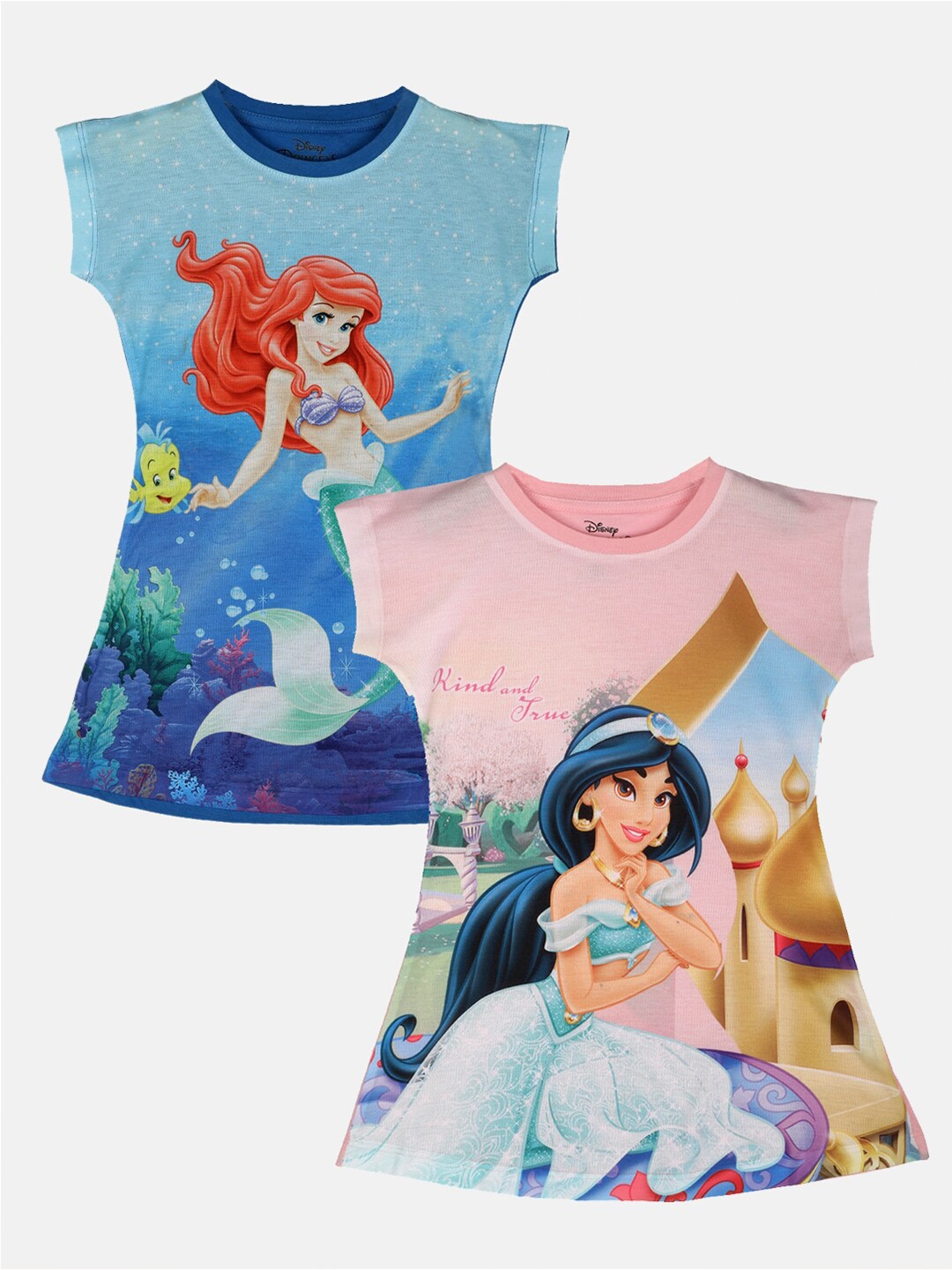 

YK Disney Girls Pack of 2 Disney Princess Jasmine & Ariel Printed A-Line Dress, Blue