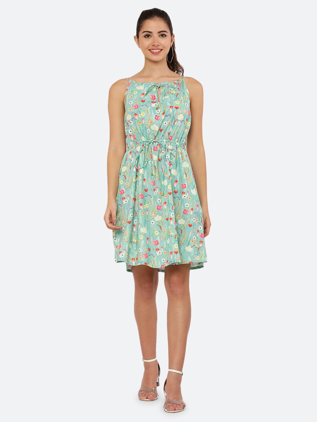 

RAASSIO Women Green Floral Print Crepe A-Line Dress