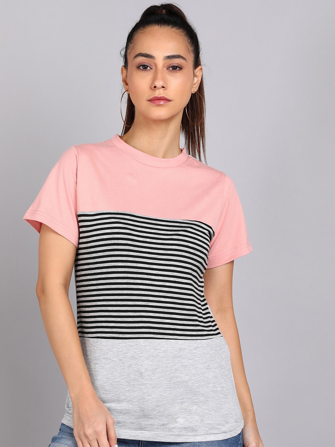 

shashvi Women Pink & Grey Striped T-shirt