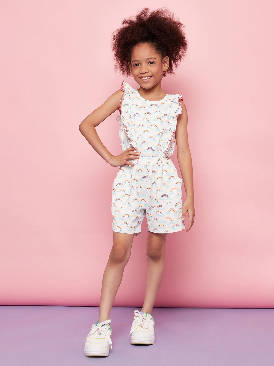 

SPUNKIES Girls White & Blue Organic Cotton Printed Jumpsuit