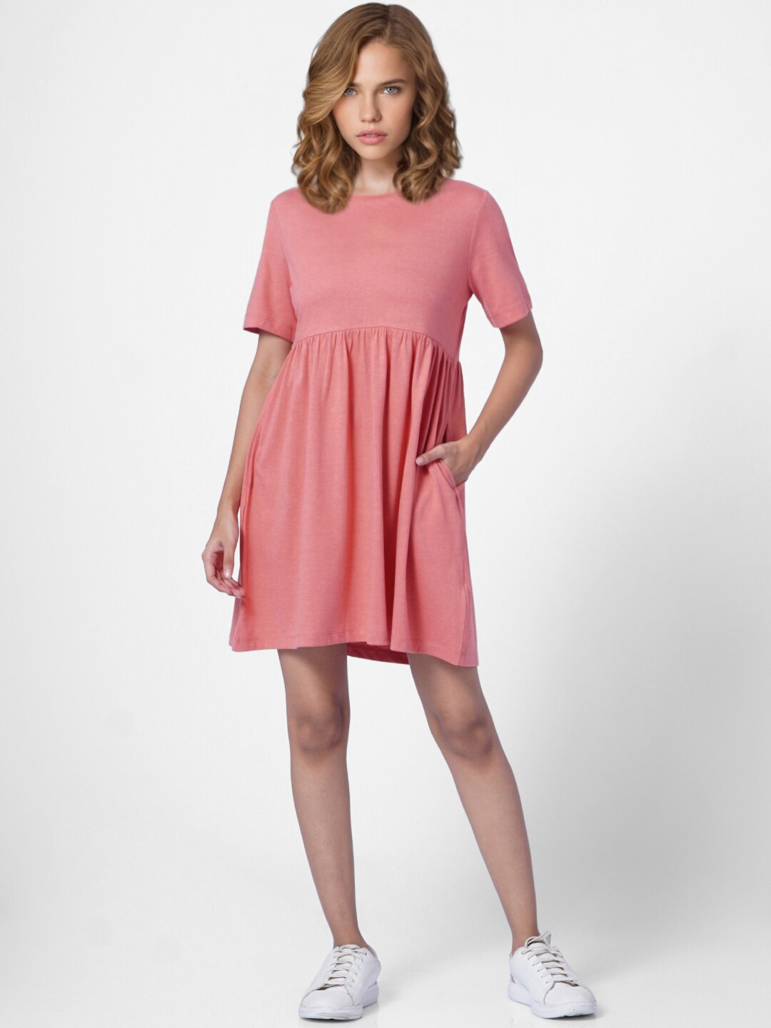 

ONLY Women Pink Solid Cotton Fit and Flare Dress