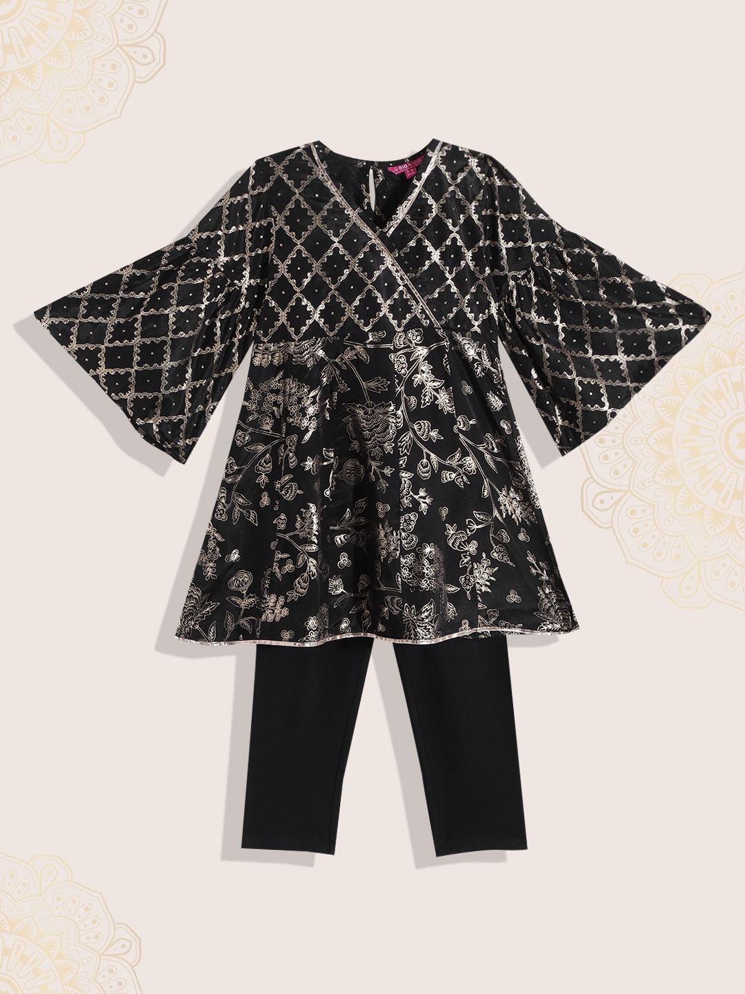 

Biba Girls Black Floral Printed Angrakha Kurta with Trousers