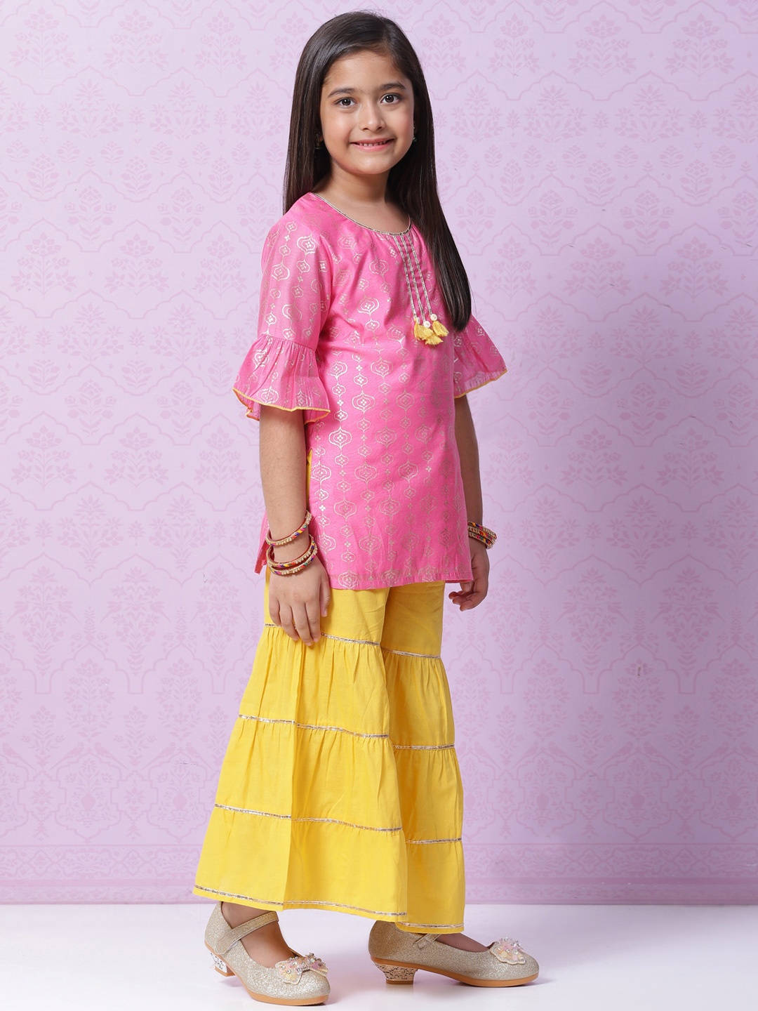 

Biba Girls Pink & Gold Ethnic Motifs Printed Straight Kurta with Sharara