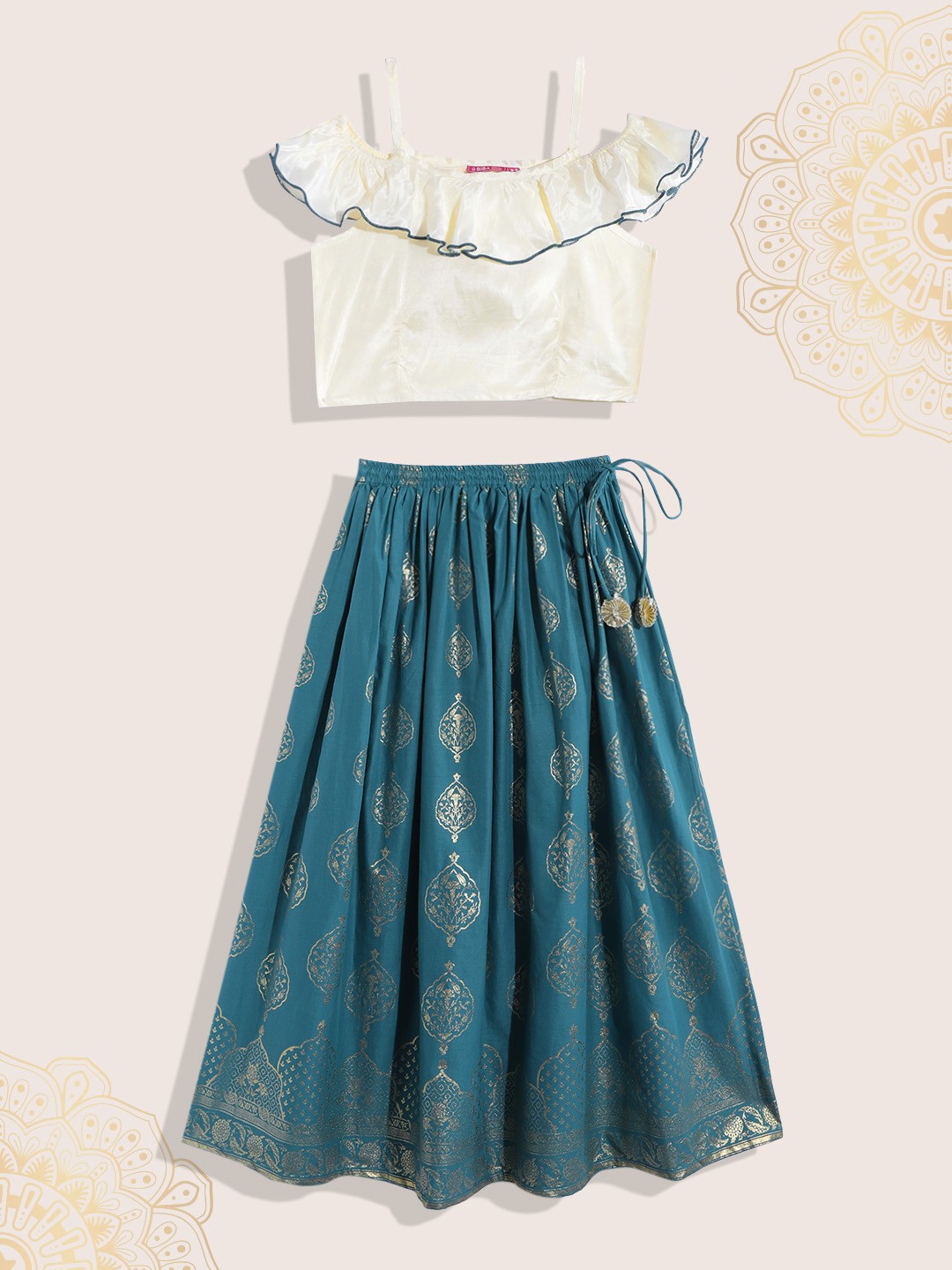 

Biba Girls White & Teal Blue Ethnic Motif Printed Ready to Wear Lehenga & Blouse