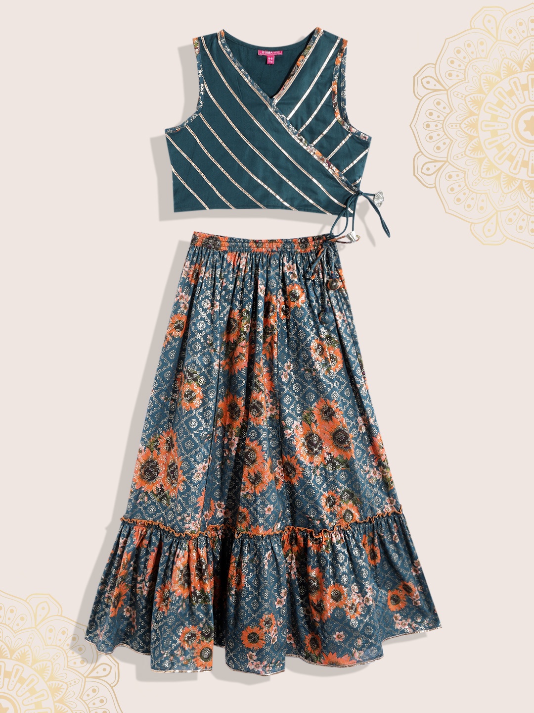 

Biba Girls Teal Blue & Golden Floral Print Gotta Patti Ready to Wear Lehenga & Blouse