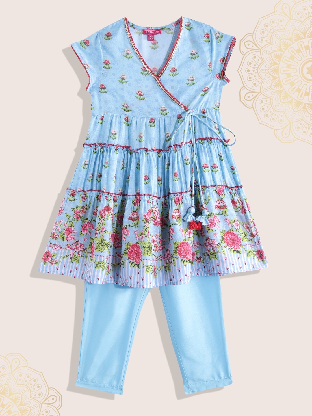

Biba Girls Blue & Pink Floral Printed Angrakha Kurta with Trousers