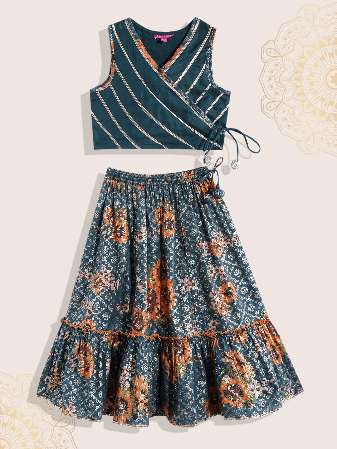 

Biba Girls Teal Blue & Golden Floral Print Gotta Patti Ready to Wear Lehenga & Blouse