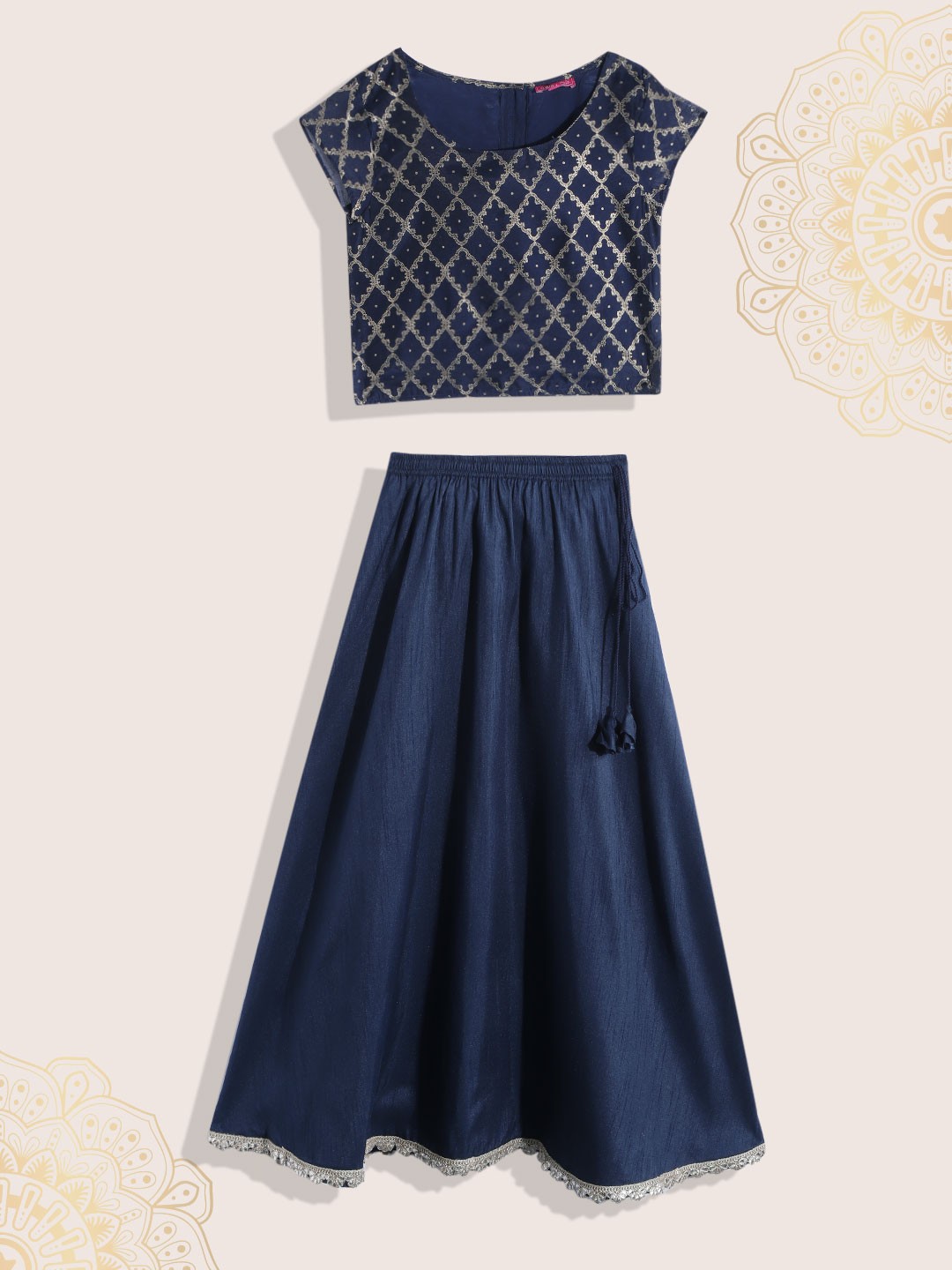 

Biba Girls Navy Blue & Gold-Toned Printed Ready to Wear Lehenga & Blouse