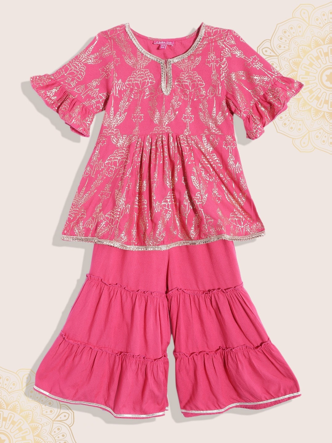 

Biba Girls Fuchsia Pink & Golden Ethnic Motifs Print Kurti with Sharara