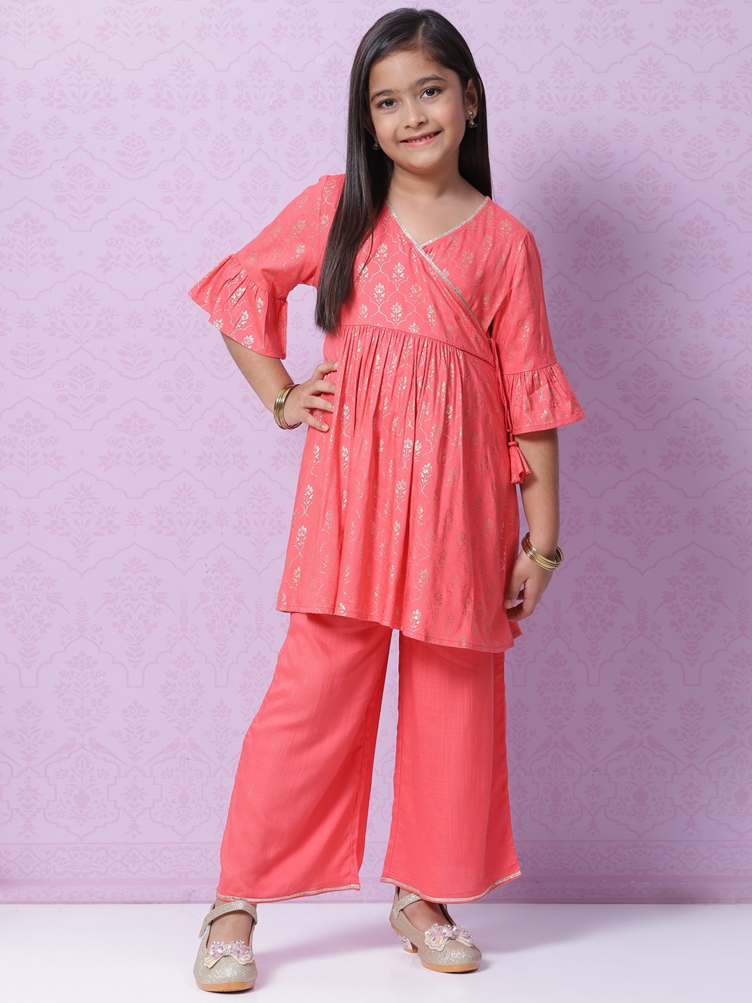

Biba Girls Pink Floral Printed Angrakha Kurta with Palazzos