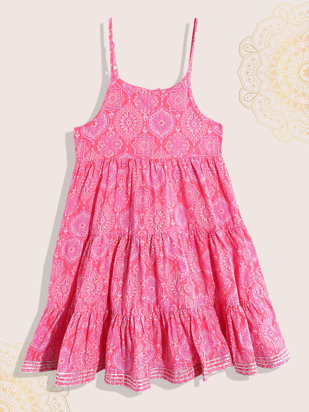 

Biba Girls Ethnic Motifs Printed Pure Cotton Tiered A-Line Ethnic Dress, Pink