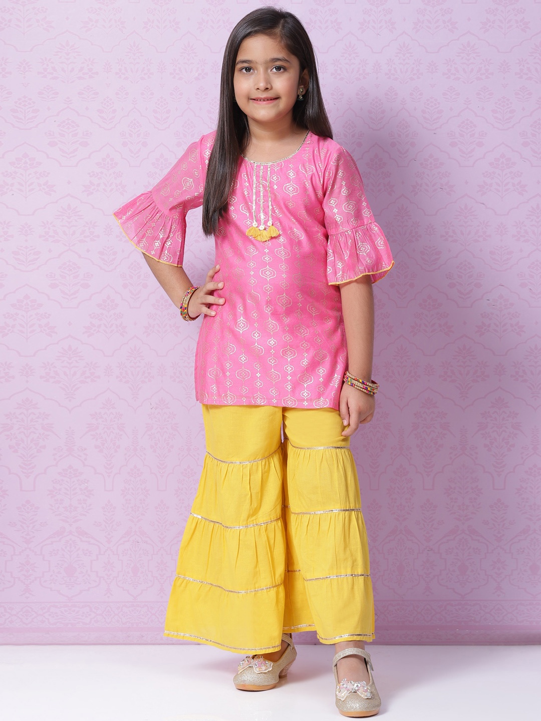 

Biba Girls Pink & Gold Ethnic Motifs Printed Straight Kurta with Sharara