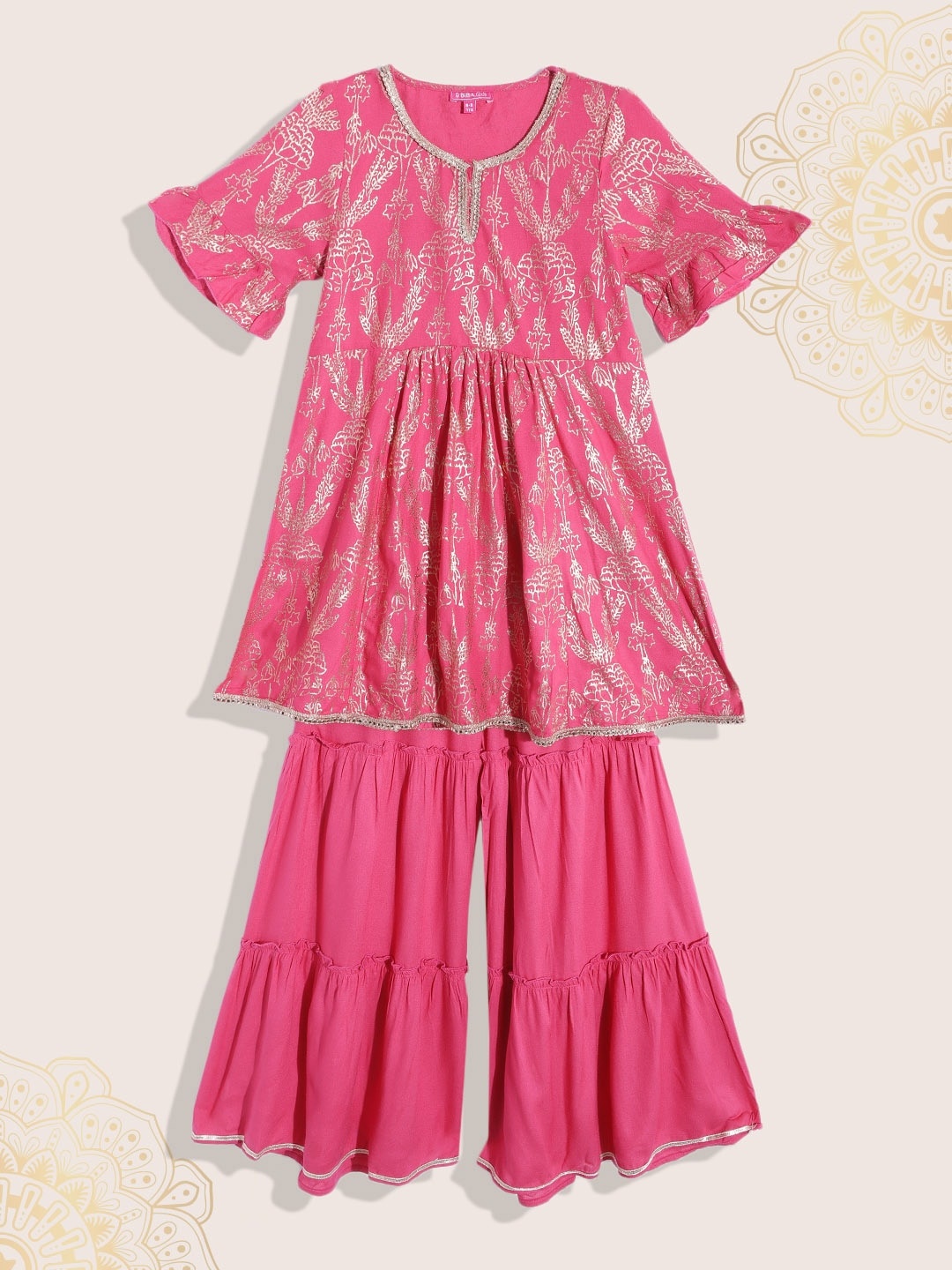 

Biba Girls Fuchsia Pink & Golden Ethnic Motifs Print Kurta with Sharara