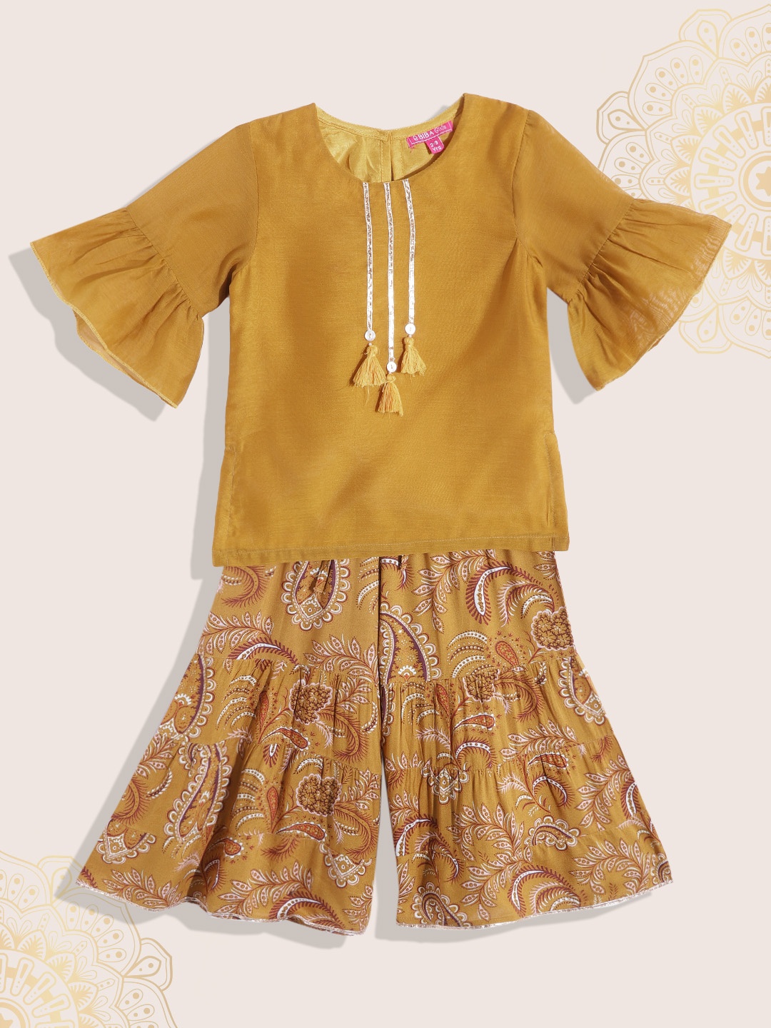 

Biba Girls Mustard Yellow & Maroon Ethnic Motifs Gotta Patti Kurta with Sharara