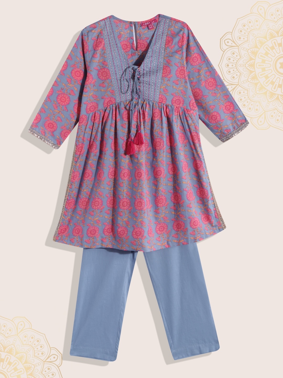 

Biba Girls Blue Floral Printed Gotta Patti Pure Cotton Kurta with Trousers