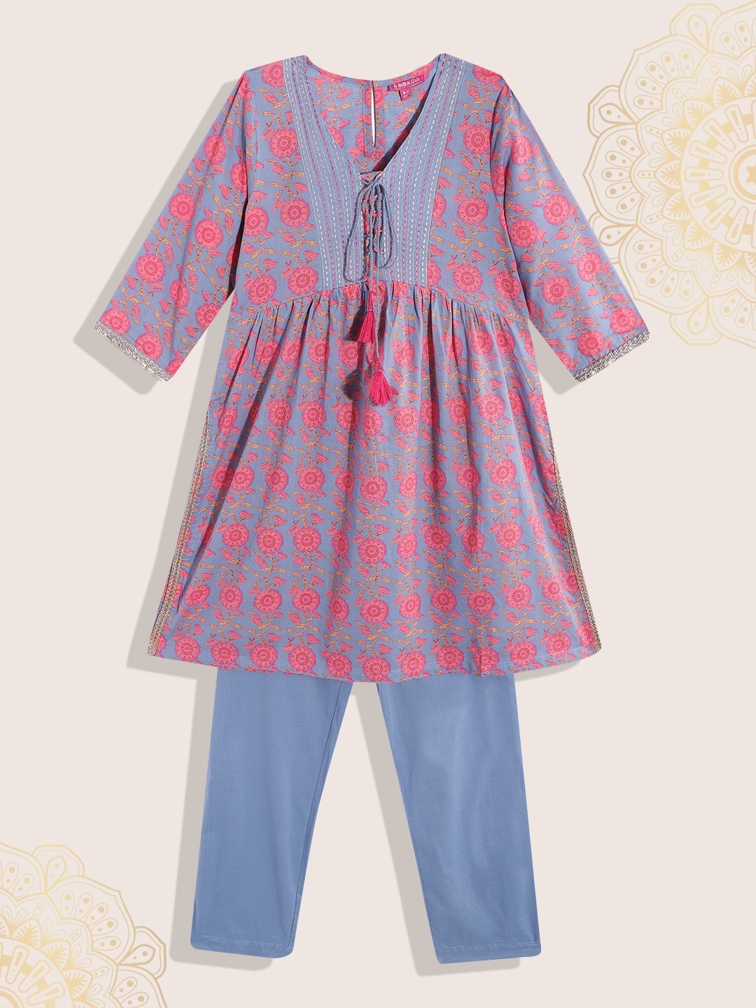 

Biba Girls Grey & Pink Pure Cotton Floral Printed Kurta with Trousers