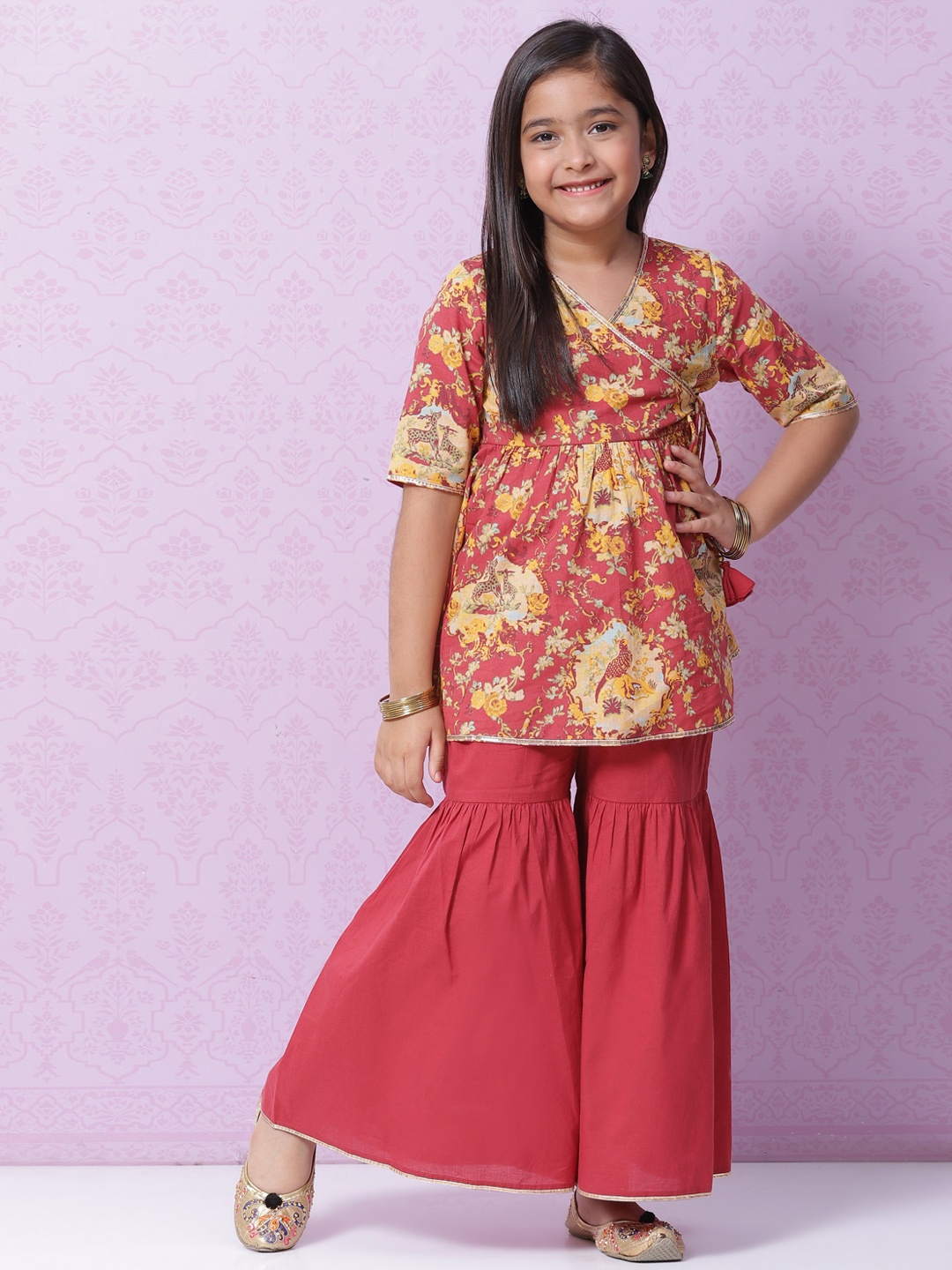 

Biba Girls Red & Yellow Ethnic Motifs Pure Cotton Printed Angrakha Kurta with Sharara