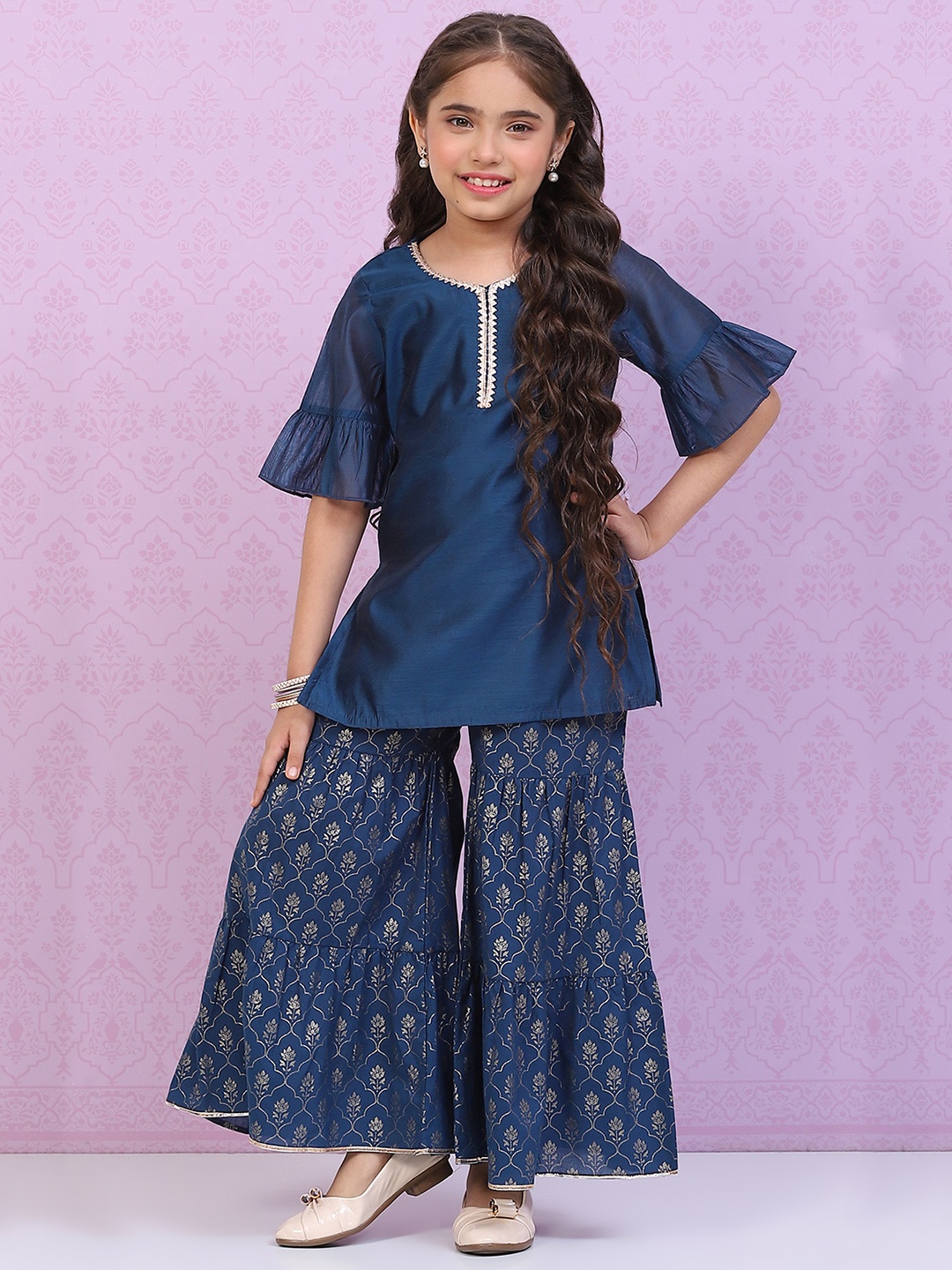 

Biba Girls Bell Sleeves Gotta Patti Kurti with Sharara, Blue