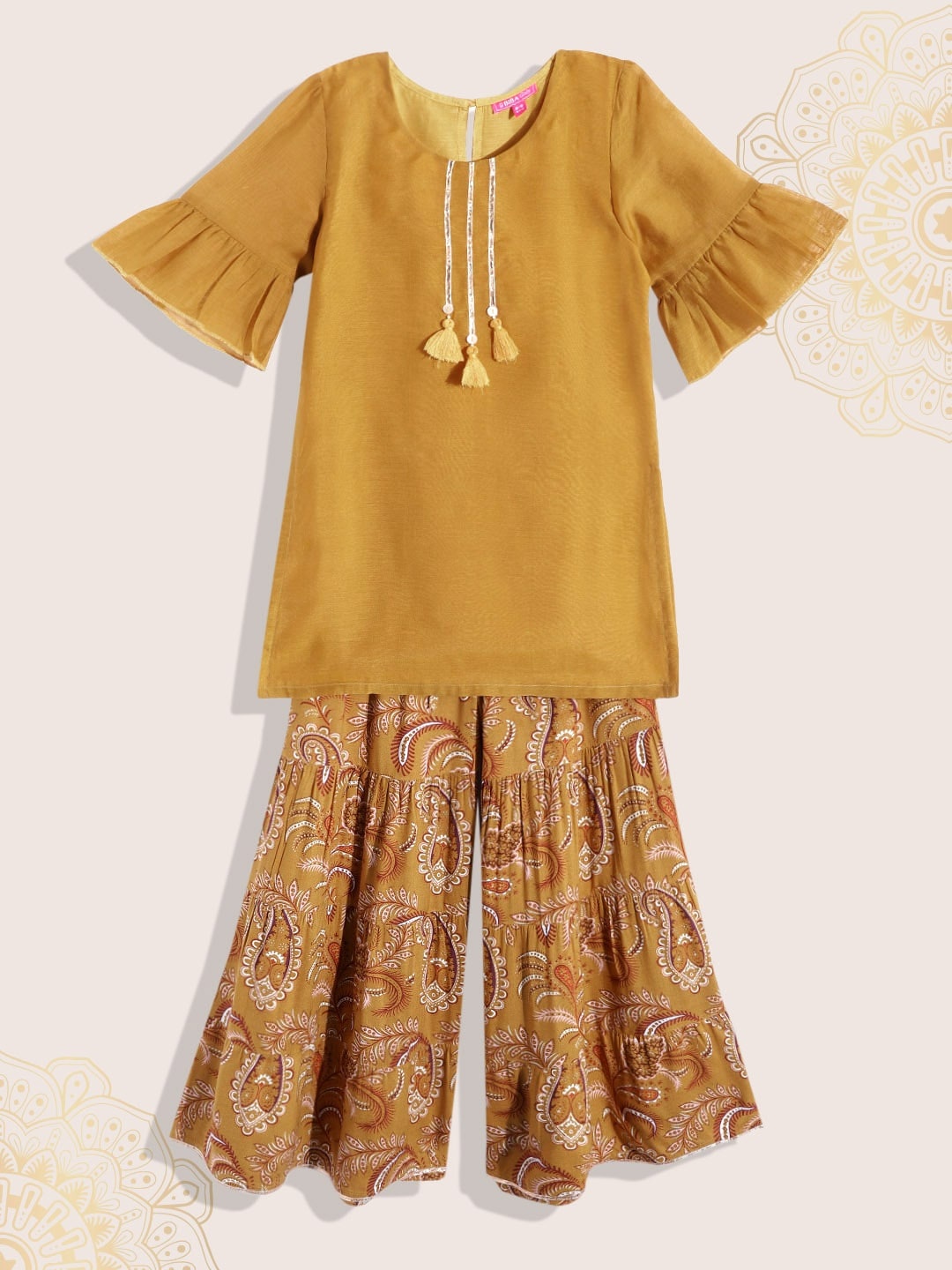 

Biba Girls Mustard Yellow & Maroon Ethnic Motifs Gotta Patti Kurta with Sharara, Multi