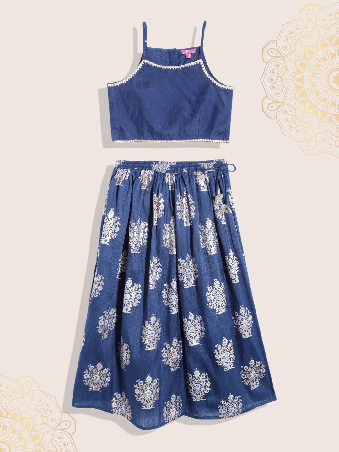 

Biba Girls Navy Blue & Golden Ethnic Motif Gotta Patti Ready to Wear Lehenga & Blouse