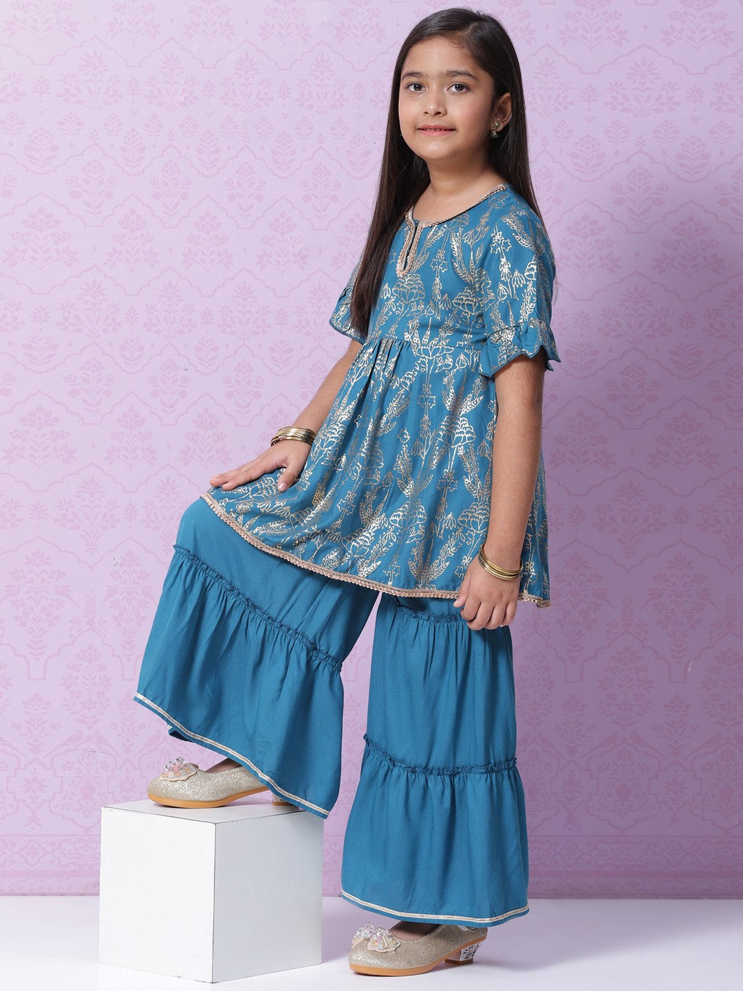 

Biba Girls Blue & Gold-Toned Ethnic Motifs Printed Gotta Patti Kurta with Sharara