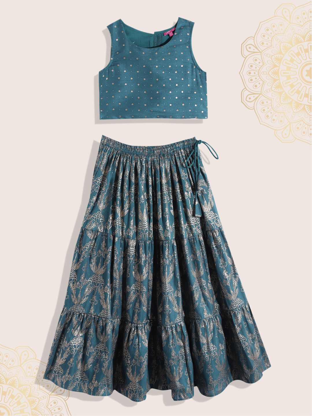 

Biba Girls Blue & Gold-Toned Printed Ready to Wear Lehenga & Blouse