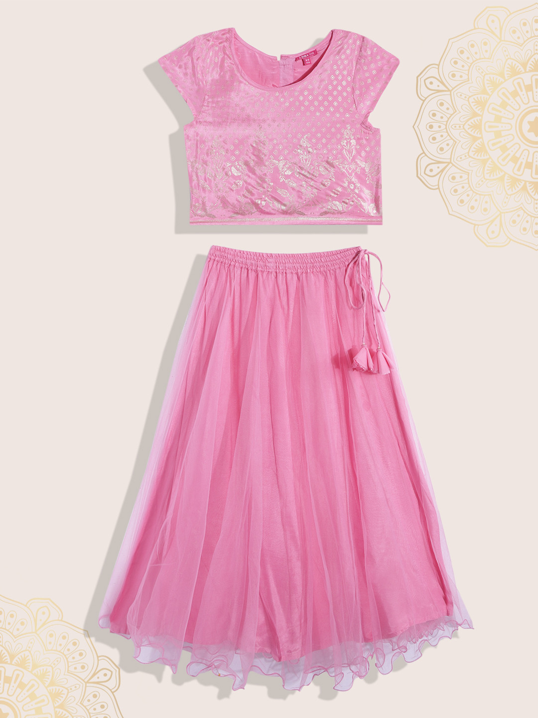 

Biba Girls Pink & Silver Ethnic Motifs Printed Ready to Wear Lehenga & Choli