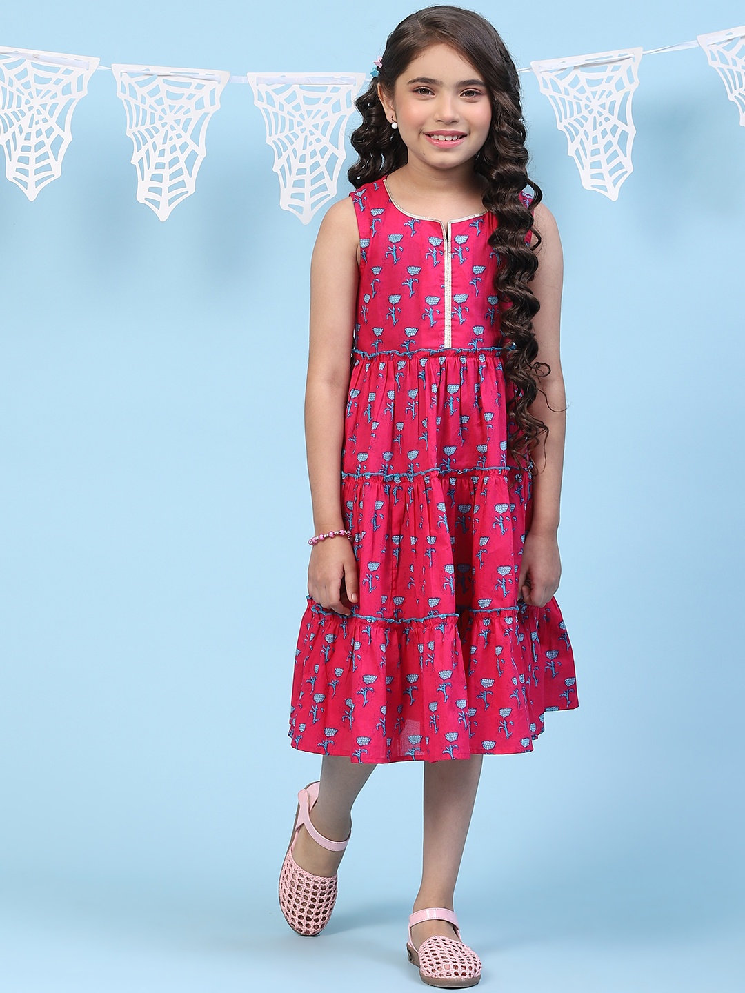 

Biba Girls Ethnic Motifs Printed Tiered A-Line Midi Ethnic Dress, Fuchsia