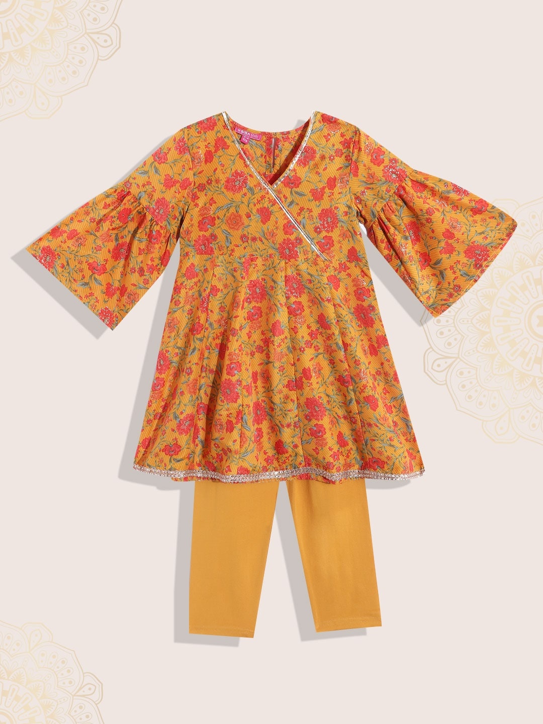 

Biba Girls Mustard Yellow & Coral Floral Printed Gotta Patti Kurta with Trousers