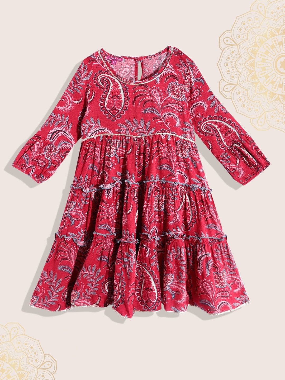 

Biba Girls Red & Blue Ethnic Motif Print Tiered Anarkali Kurta