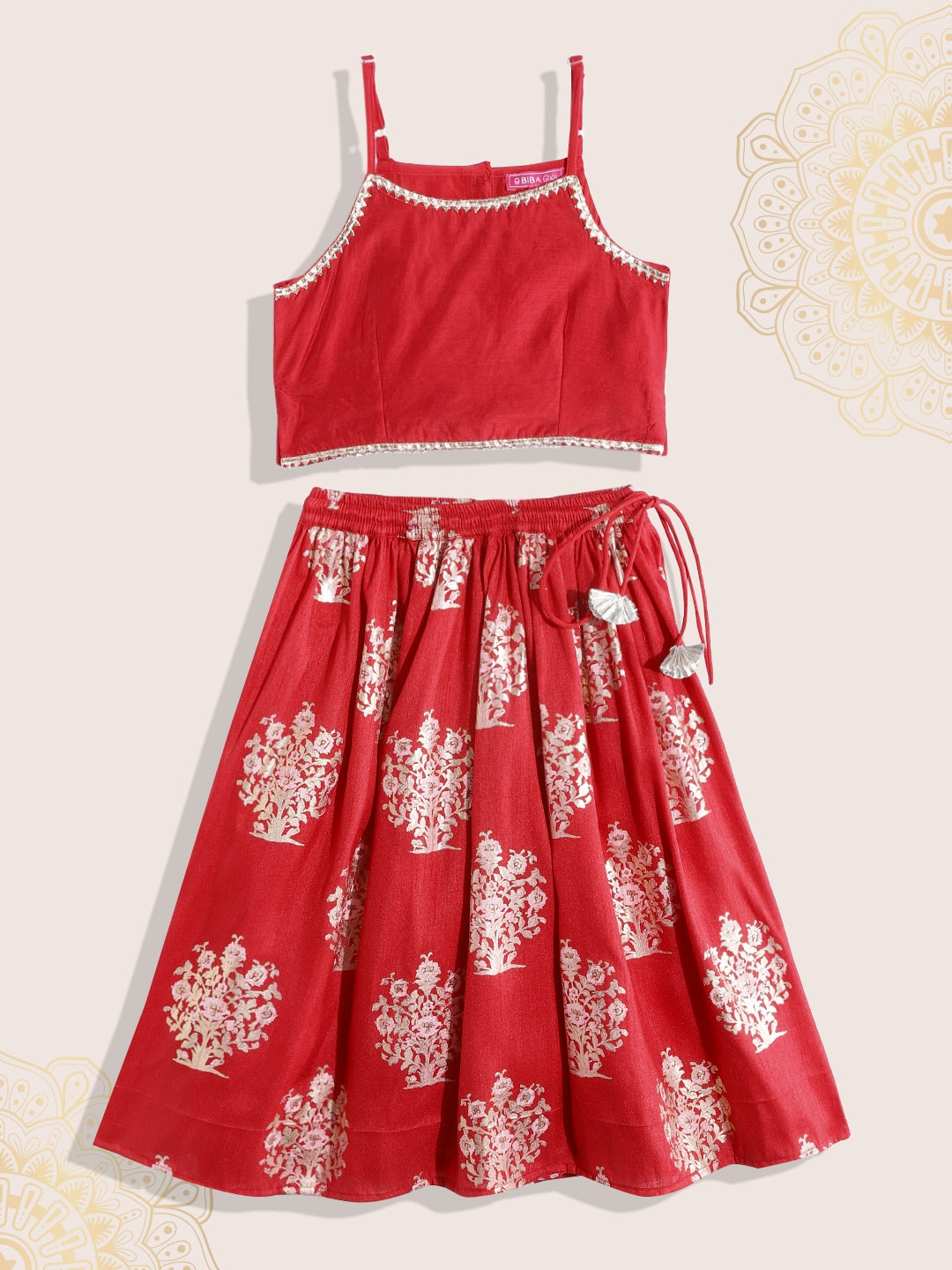 

Biba Girls Red & Golden Ethnic Motif Print Ready to Wear Lehenga & Blouse