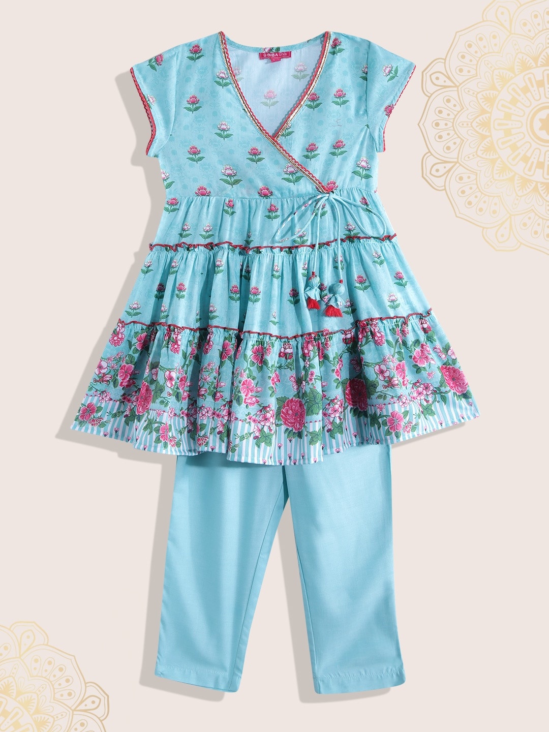 

Biba Girls Turquoise Blue & Pink Floral Printed Angrakha Kurta with Trousers